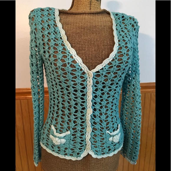 August Silk Knits Sweaters - 🧵 teal blue crocheted sweater by August Silk